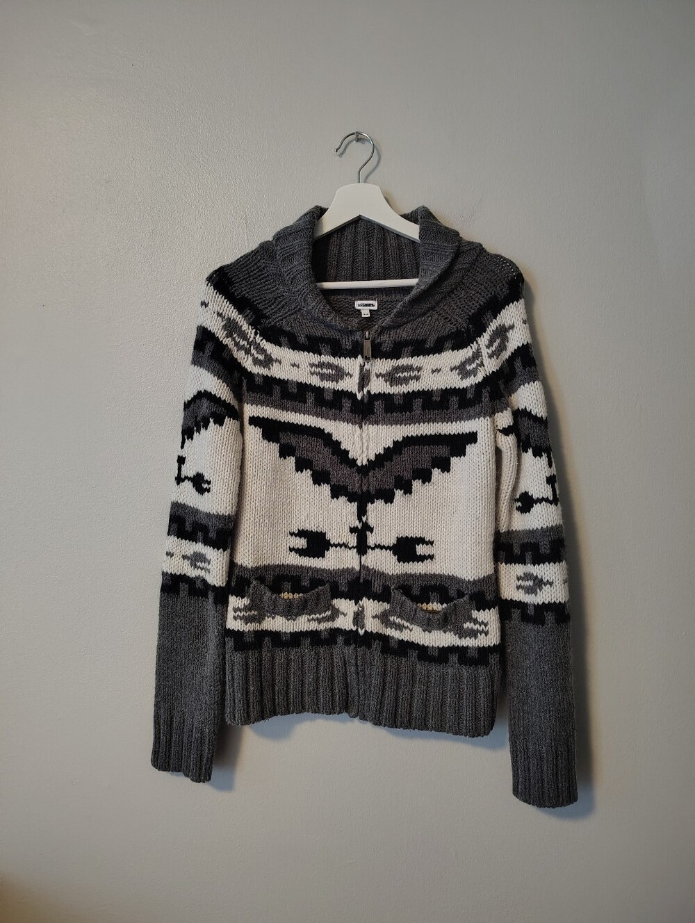 Kismet full-zip Grey, Cream, Black Wool-Blend Cardigan Knit Sweater